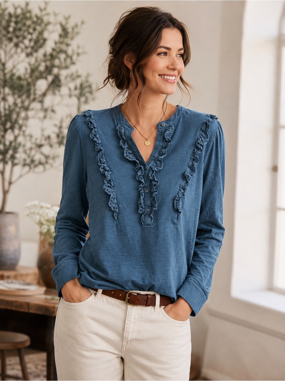 Boden Emily Pom Trim Ruffle Cotton Top Blue Size US 4 Eyelet Trim Cottagecore